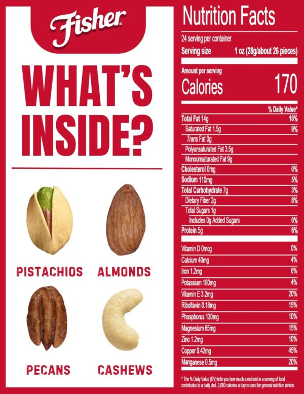 Fisher Oven Roasted Never Fried Deluxe Mixed Nuts, 24 Ounces (Pack of 1), Almonds, Cashews, Pecans, Pistachios, Healthy Snacks for Adults, Made With Sea Salt, No Added Oil, Trail Mix, Gluten Free​ - Image 2