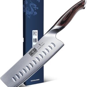 7 Inch Nakiri Knife, Japanese High Carbon Stainless Steel Chef Knife, Multipurpose Meat Vegetable Sharp Kitchen Knife with Ergonomic Pakkawood Handle