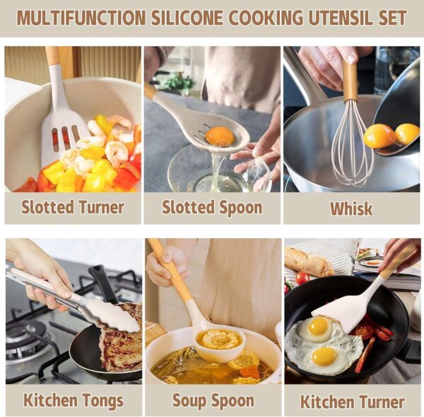 Umite Chef Kitchen Cooking Utensils Set, 33 pcs Non-Stick Silicone Cooking Kitchen Utensils Spatula Set with Holder, Wooden Handle Silicone Kitchen Gadgets Utensil Set (Khaki) - Image 7
