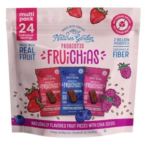 Nature's Garden Probiotic Fruichias Variety Pack - 24 Pack x 1oz, Probiotic Fruit Snack with Chia Seeds, Strawberry, Blueberry, Raspberry , No Sugar Added, Made with Real Fruit, Dye-Free, Non-GMO, Gluten-Free, Healthy Snacks for Kids Snacks
