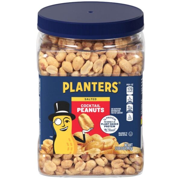 PLANTERS Salted Peanuts Cocktail, Party Snack, Plant-Based Protein, After School Snack, Roasted in Peanut Oil, Salted Nuts, Snacks for Adults, Bulk Nuts, Kosher, 2.19lb Jar