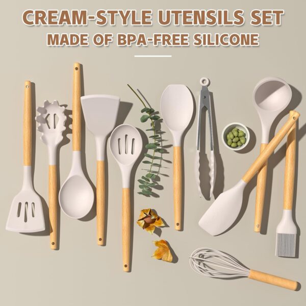 Umite Chef Kitchen Cooking Utensils Set, 33 pcs Non-Stick Silicone Cooking Kitchen Utensils Spatula Set with Holder, Wooden Handle Silicone Kitchen Gadgets Utensil Set (Khaki) - Image 6