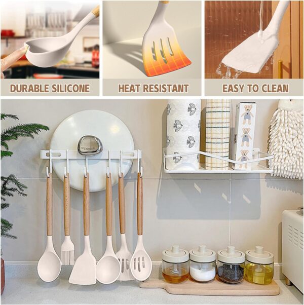 Umite Chef Kitchen Cooking Utensils Set, 33 pcs Non-Stick Silicone Cooking Kitchen Utensils Spatula Set with Holder, Wooden Handle Silicone Kitchen Gadgets Utensil Set (Khaki) - Image 3