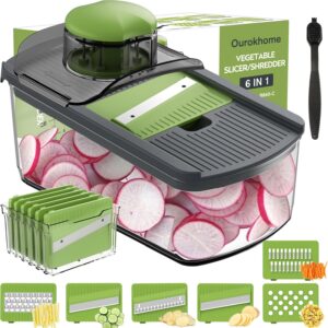 Ourokhome Mandolin Slicer for Kitchen Food, Hand Safe Vegetable Shredder with 6 Mandoline Blades, Veggie Waffle Cutter for Potato, Carrot, Zucchini, Onion, Essential Kitchen Gadgets (6 in 1, Gray)