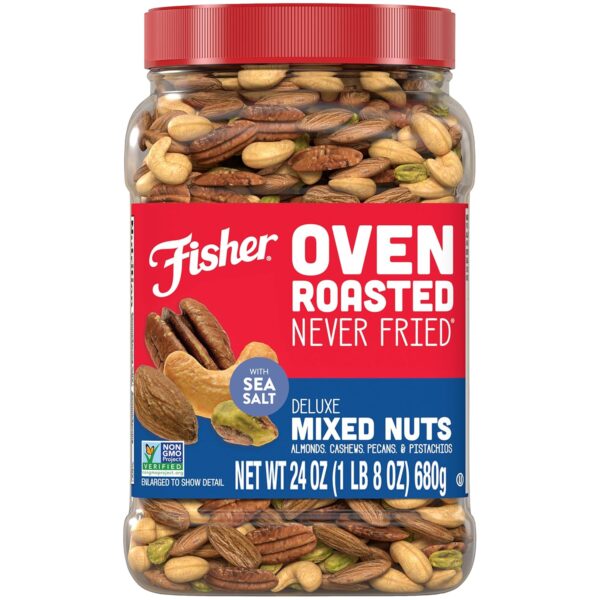Fisher Oven Roasted Never Fried Deluxe Mixed Nuts, 24 Ounces (Pack of 1), Almonds, Cashews, Pecans, Pistachios, Healthy Snacks for Adults, Made With Sea Salt, No Added Oil, Trail Mix, Gluten Free​