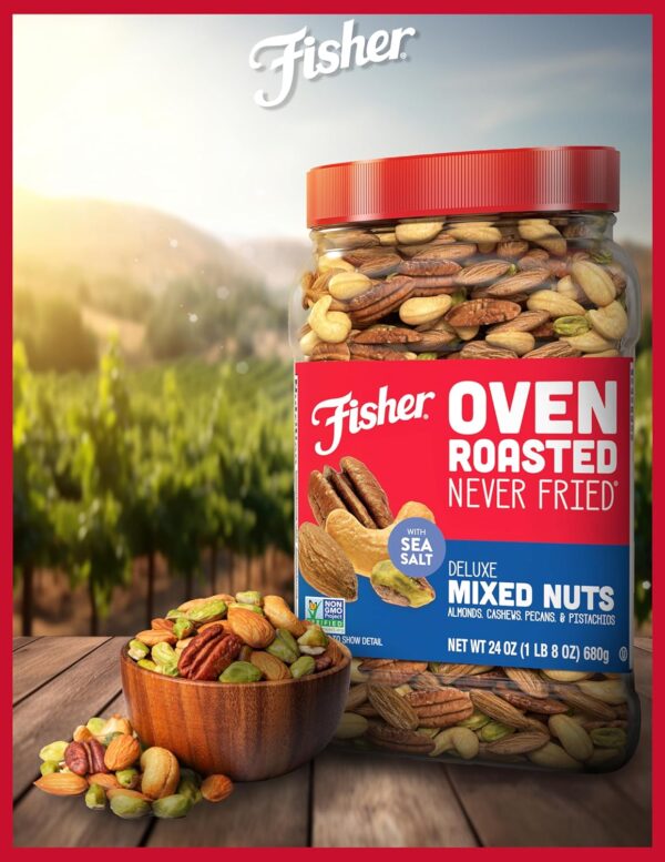 Fisher Oven Roasted Never Fried Deluxe Mixed Nuts, 24 Ounces (Pack of 1), Almonds, Cashews, Pecans, Pistachios, Healthy Snacks for Adults, Made With Sea Salt, No Added Oil, Trail Mix, Gluten Free​ - Image 4