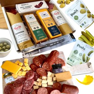GiftWorld Deluxe Charcuterie Food Items, Meat and Cheese Gift Basket – Salami, Summer Sausage with Olives, Champagne Mustard, and Fig Spread – Family