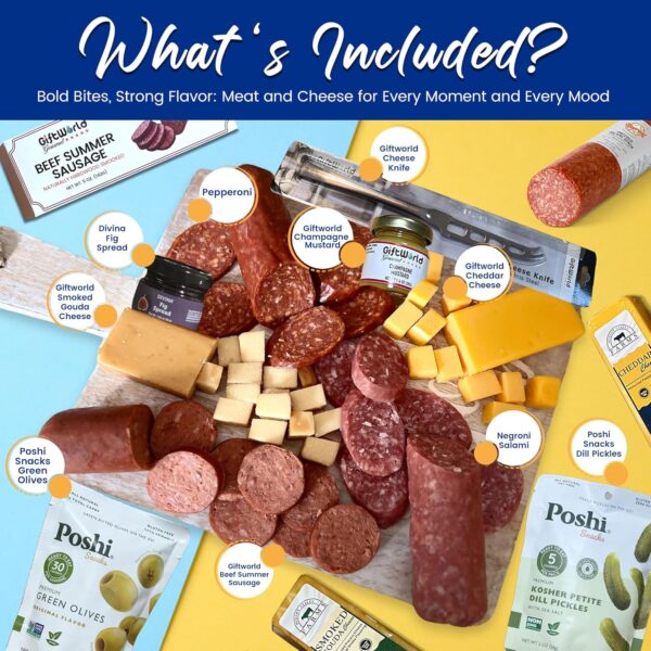 GiftWorld Deluxe Charcuterie Food Items, Meat and Cheese Gift Basket – Salami, Summer Sausage with Olives, Champagne Mustard, and Fig Spread – Family - Image 2