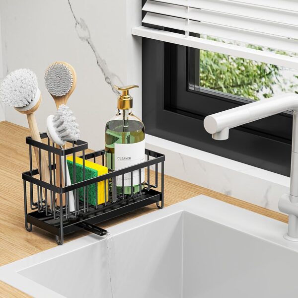 Cisily Black Sponge Holder for Kitchen Sink, Sink Caddy Organizer with High Brush Holder, Kitchen Countertop Organizers and Storage Essentials, Rustproof 304 Stainless Steel, Soap Dispenser Organize - Image 6