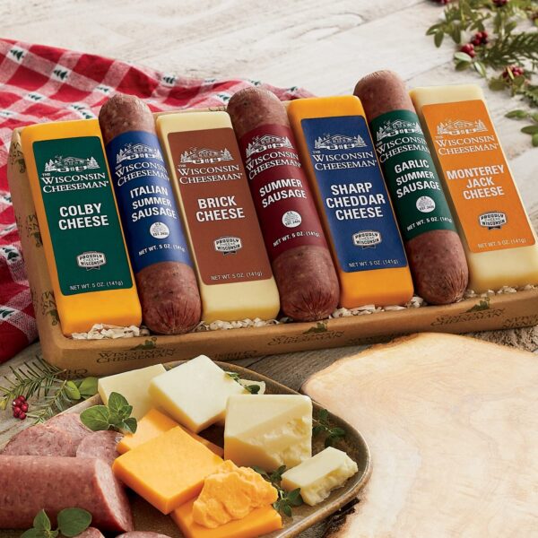 The Wisconsin Cheeseman Meat and Cheese Combo - Featuring Italian, Original and Garlic Summer Sausages, Colby, Brick, Sharp Cheddar, and Monterey Charcuterie Boards, Charcuterie Gift Basket Set - Image 2